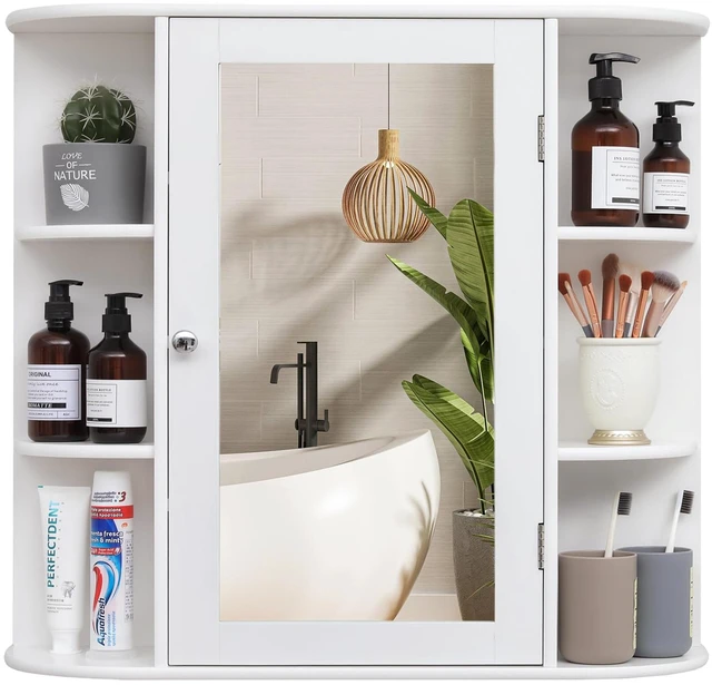 Main image of Bathroom Medicine Cabinet with Mirror, Bathroom Wall Cabinet with 2 Adjustable Shelves & 6 Open Shelves, Medicine Cabinet Organizer, Bathroom Cabinet Wall Mounted, White