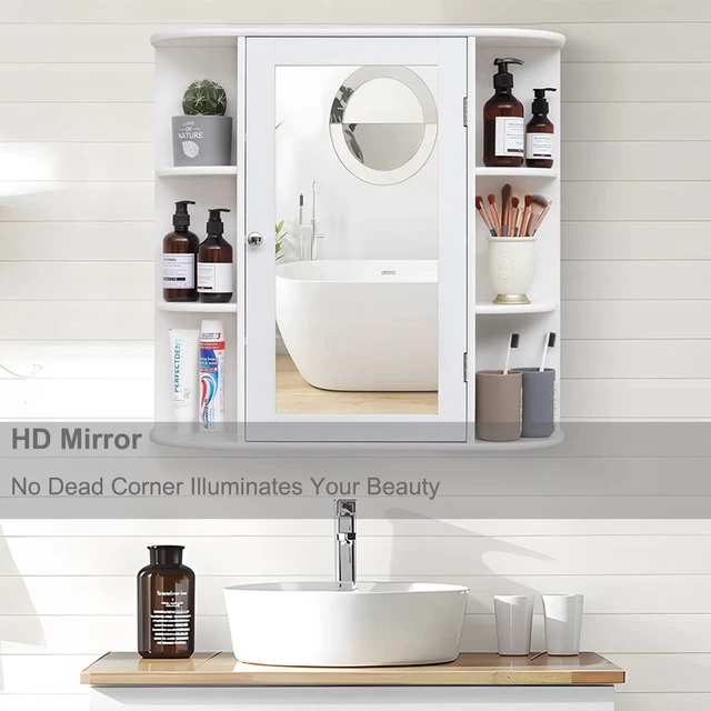Alt view image 3 of 6 - Bathroom Medicine Cabinet with Mirror, Bathroom Wall Cabinet with 2 Adjustable Shelves & 6 Open Shelves, Medicine Cabinet Organizer, Bathroom Cabinet Wall Mounted, White