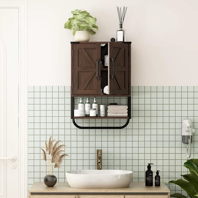 Alt view image 2 of 7 - Farmhouse Medicine Cabinet with 2 Barn Door, Bathroom Wall Cabinet | Rustic Wall Mounted Storage Cabinet with Adjustable Shelf & Towel Rack, 3-Tier Over the Toilet Storage Cabinets for Laundry
