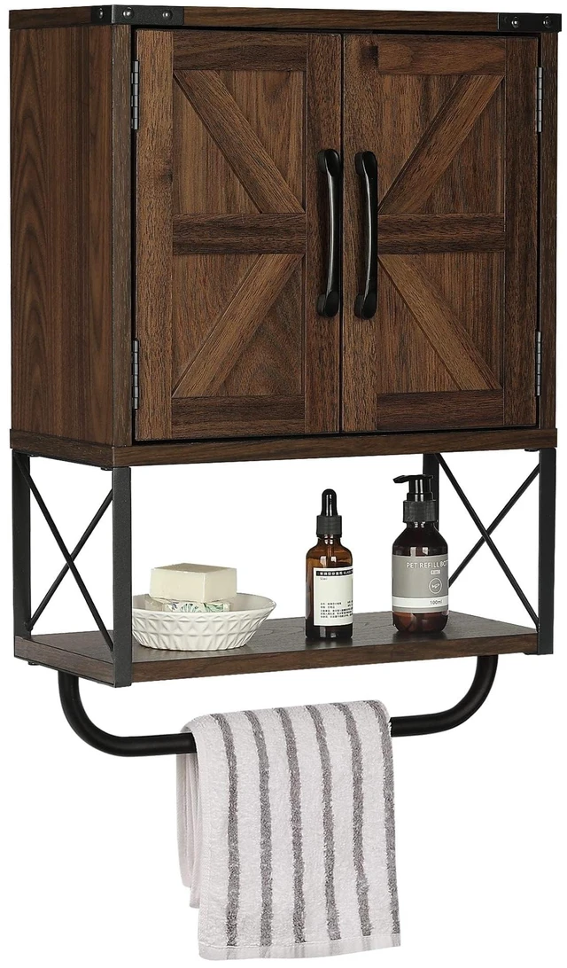 Main image of Farmhouse Medicine Cabinet with 2 Barn Door, Bathroom Wall Cabinet | Rustic Wall Mounted Storage Cabinet with Adjustable Shelf & Towel Rack, 3-Tier Over the Toilet Storage Cabinets for Laundry