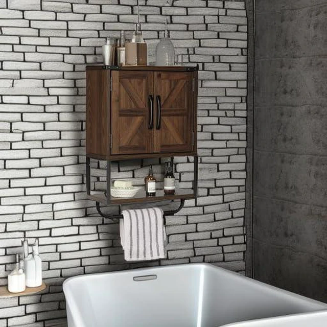 Alt view image 5 of 7 - Farmhouse Medicine Cabinet with 2 Barn Door, Bathroom Wall Cabinet | Rustic Wall Mounted Storage Cabinet with Adjustable Shelf & Towel Rack, 3-Tier Over the Toilet Storage Cabinets for Laundry