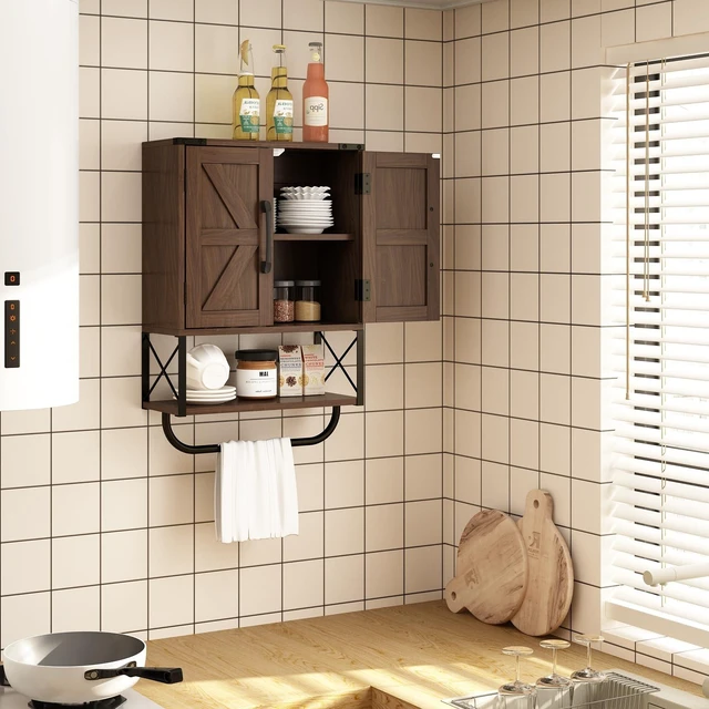 Alt view image 4 of 7 - Farmhouse Medicine Cabinet with 2 Barn Door, Bathroom Wall Cabinet | Rustic Wall Mounted Storage Cabinet with Adjustable Shelf & Towel Rack, 3-Tier Over the Toilet Storage Cabinets for Laundry