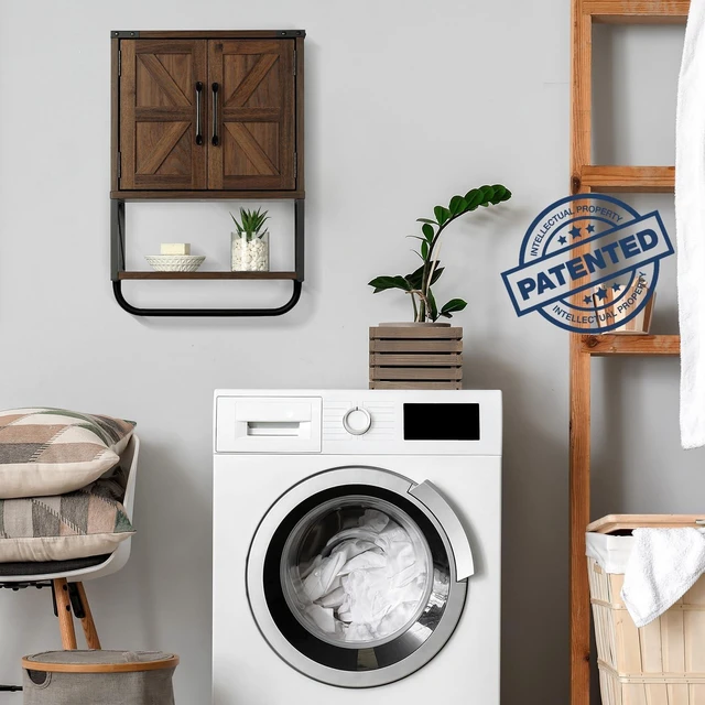Alt view image 6 of 7 - Farmhouse Medicine Cabinet with 2 Barn Door, Bathroom Wall Cabinet | Rustic Wall Mounted Storage Cabinet with Adjustable Shelf & Towel Rack, 3-Tier Over the Toilet Storage Cabinets for Laundry