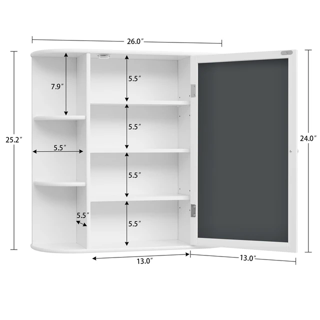 Alt view image 6 of 6 - Bathroom Medicine Cabinet with Mirror, Bathroom Wall Cabinet with 2 Adjustable Shelves & 6 Open Shelves, Medicine Cabinet Organizer, Bathroom Cabinet Wall Mounted, White