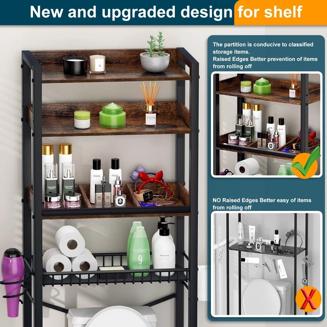 Alt view image 2 of 7 - Over The Toilet Storage Cabinet,4 Tier Bathroom Organizers and Storage With Adjustable Shelf Waterproof Feet Pad and Basket ,Multifunctional Space Saver Freestanding Bathroom Shelves With Dividers
