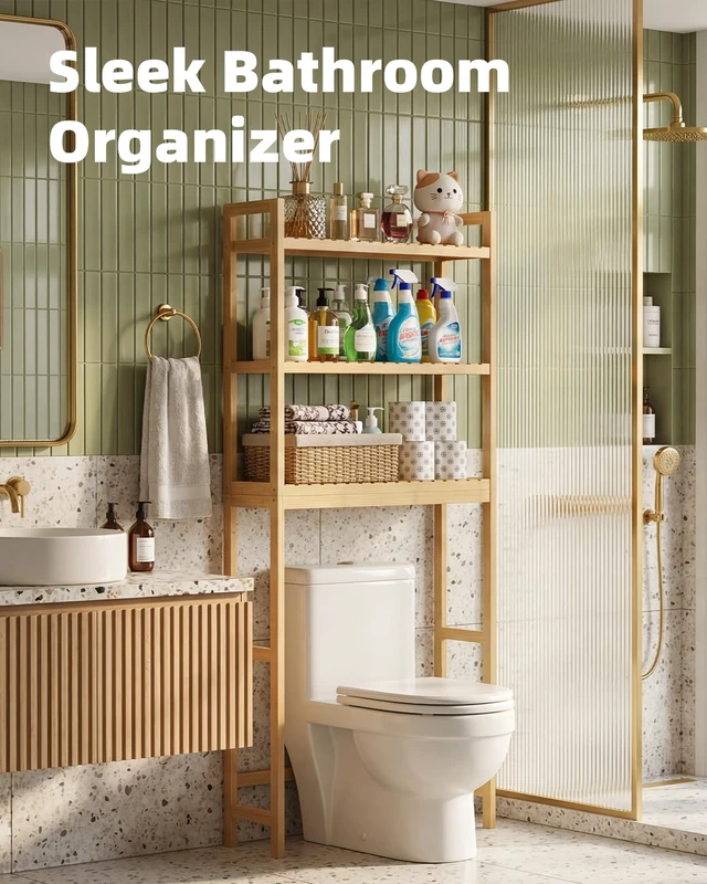 Alt view image 2 of 7 - Bathroom Storage Shelf, Bamboo Over-The-Toilet Organizer Rack, Freestanding Toilet Space Saver with 3-Tier Adjustable Shelves (Natural)