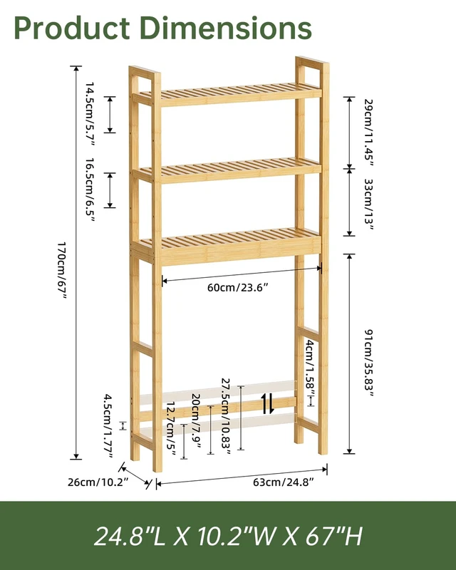 Alt view image 4 of 7 - Bathroom Storage Shelf, Bamboo Over-The-Toilet Organizer Rack, Freestanding Toilet Space Saver with 3-Tier Adjustable Shelves (Natural)