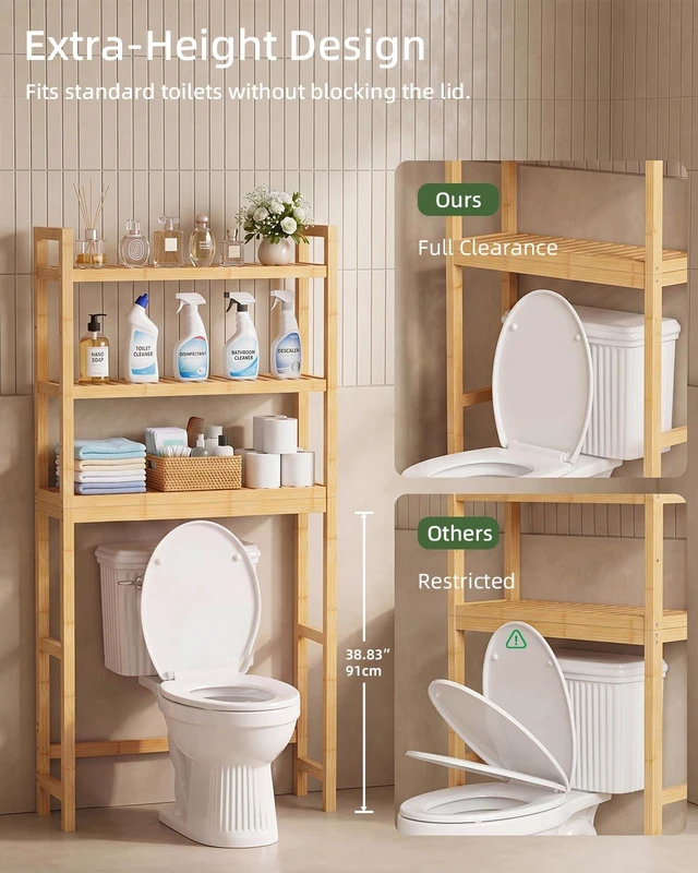 Alt view image 5 of 7 - Bathroom Storage Shelf, Bamboo Over-The-Toilet Organizer Rack, Freestanding Toilet Space Saver with 3-Tier Adjustable Shelves (Natural)