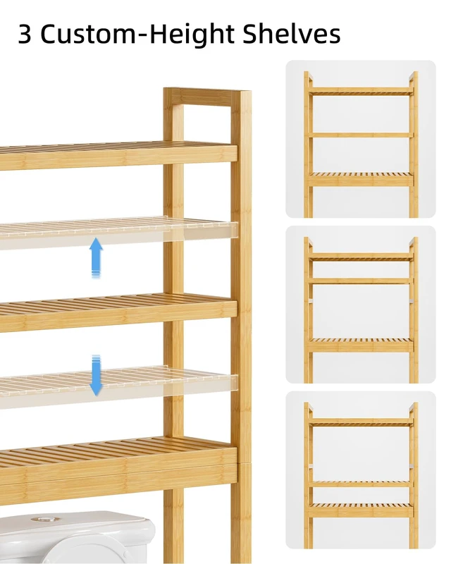 Alt view image 6 of 7 - Bathroom Storage Shelf, Bamboo Over-The-Toilet Organizer Rack, Freestanding Toilet Space Saver with 3-Tier Adjustable Shelves (Natural)