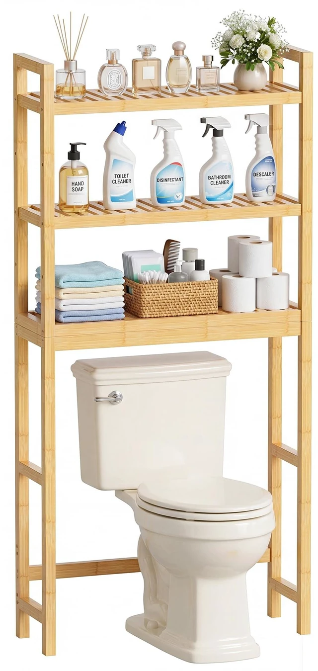 Main image of Bathroom Storage Shelf, Bamboo Over-The-Toilet Organizer Rack, Freestanding Toilet Space Saver with 3-Tier Adjustable Shelves (Natural)