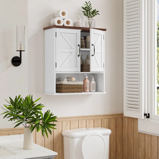 Alt view image 3 of 6 - Bathroom Wall Cabinet with Barn Doors, Wall Mounted Bathroom Cabinet, Farmhouse Style, Adjustable Shelf, Wall Mounted Medicine Cabinets, White