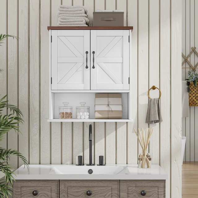 Alt view image 2 of 6 - Bathroom Wall Cabinet with Barn Doors, Wall Mounted Bathroom Cabinet, Farmhouse Style, Adjustable Shelf, Wall Mounted Medicine Cabinets, White