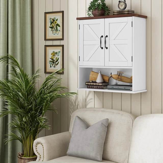Alt view image 4 of 6 - Bathroom Wall Cabinet with Barn Doors, Wall Mounted Bathroom Cabinet, Farmhouse Style, Adjustable Shelf, Wall Mounted Medicine Cabinets, White