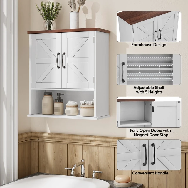 Alt view image 5 of 6 - Bathroom Wall Cabinet with Barn Doors, Wall Mounted Bathroom Cabinet, Farmhouse Style, Adjustable Shelf, Wall Mounted Medicine Cabinets, White
