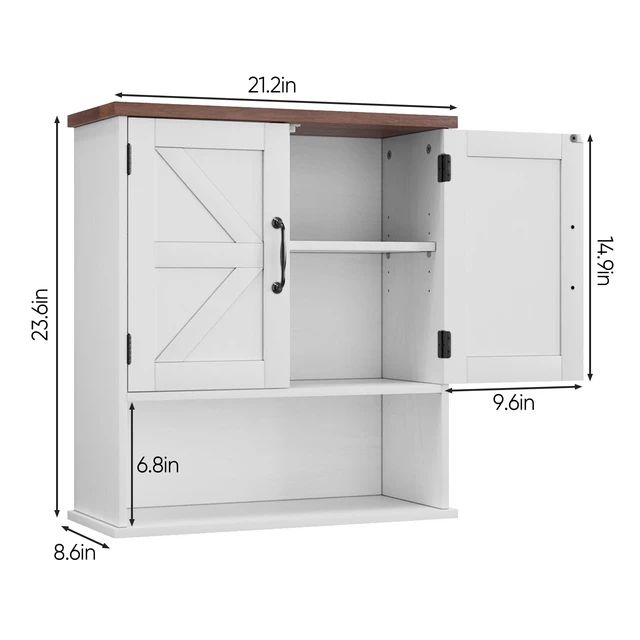 Alt view image 6 of 6 - Bathroom Wall Cabinet with Barn Doors, Wall Mounted Bathroom Cabinet, Farmhouse Style, Adjustable Shelf, Wall Mounted Medicine Cabinets, White