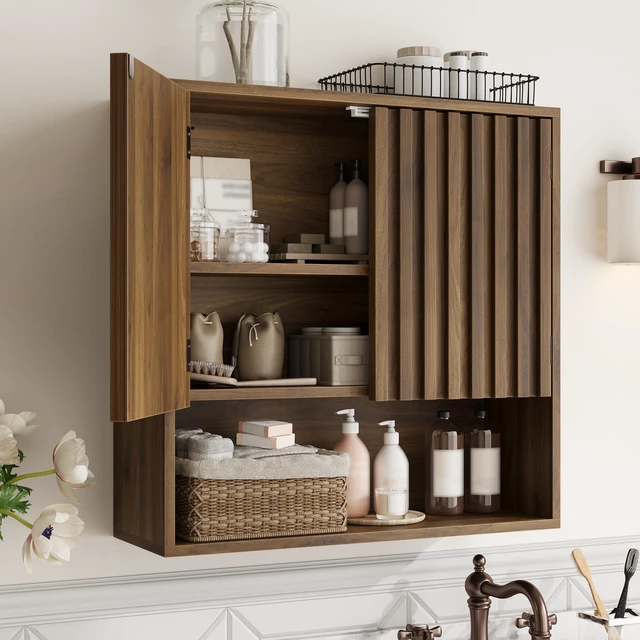 Main image of Fluted Bathroom Cabinet Wall Mounted, Wooden Medicine Cabinet with Adjustable Shelf, Walnut Bathroom Cabinet for Bath Room, Living Room, Laundry Room