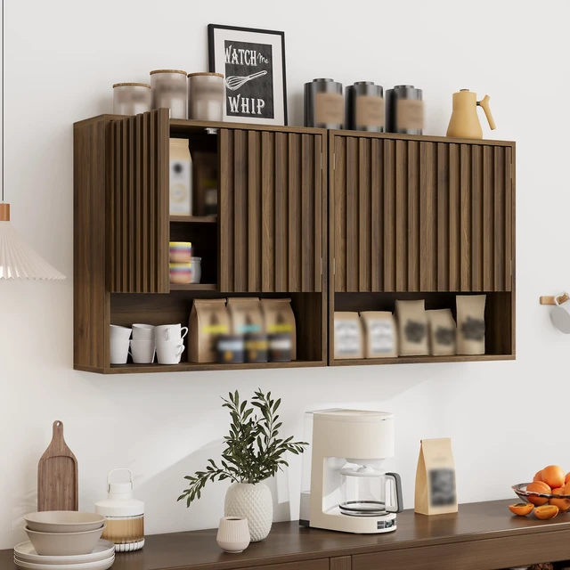 Alt view image 2 of 7 - Fluted Bathroom Cabinet Wall Mounted, Wooden Medicine Cabinet with Adjustable Shelf, Walnut Bathroom Cabinet for Bath Room, Living Room, Laundry Room