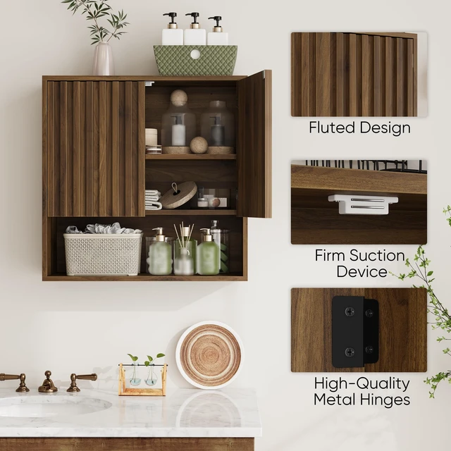 Alt view image 4 of 7 - Fluted Bathroom Cabinet Wall Mounted, Wooden Medicine Cabinet with Adjustable Shelf, Walnut Bathroom Cabinet for Bath Room, Living Room, Laundry Room