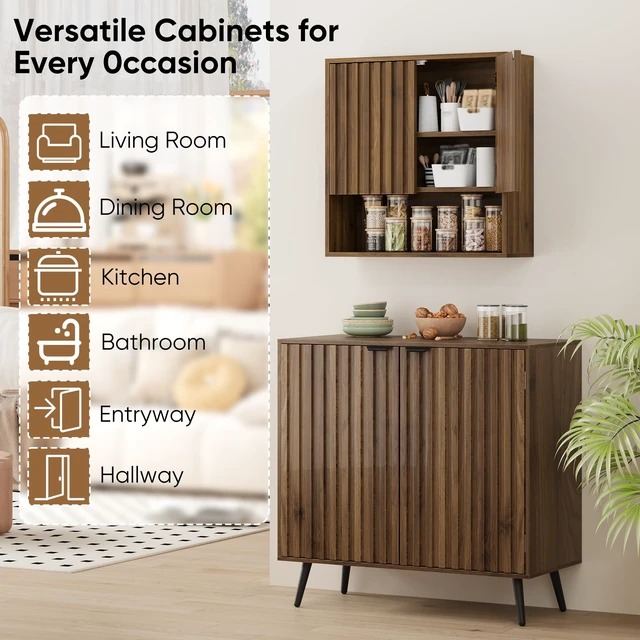 Alt view image 5 of 7 - Fluted Bathroom Cabinet Wall Mounted, Wooden Medicine Cabinet with Adjustable Shelf, Walnut Bathroom Cabinet for Bath Room, Living Room, Laundry Room