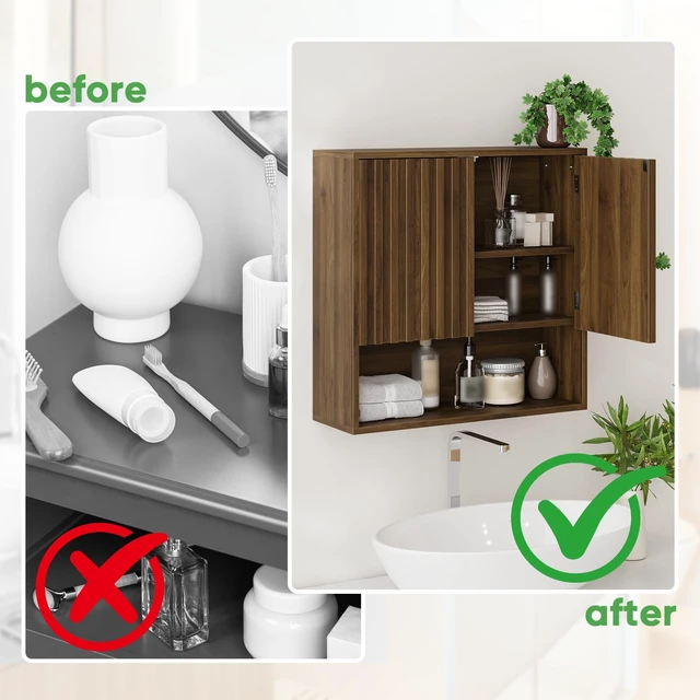 Alt view image 6 of 7 - Fluted Bathroom Cabinet Wall Mounted, Wooden Medicine Cabinet with Adjustable Shelf, Walnut Bathroom Cabinet for Bath Room, Living Room, Laundry Room
