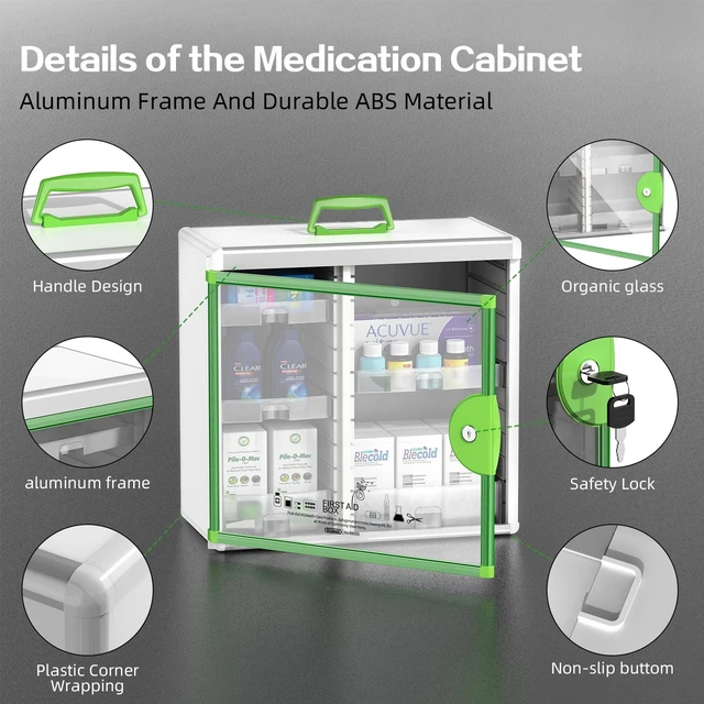 Alt view image 3 of 7 - Lockable Medicine Cabinet with Key Lock, 6 Removable Organizer Trays | Portable with Handle, Aluminum Alloy Medication Storage Box Wall Mounted for Home,Bathroom,Office, 13.6*6.5*12.4 Inch