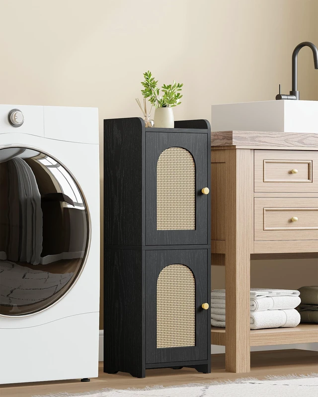 Alt view image 4 of 6 - Bathroom Storage Cabinet, Small Corner Floor Cabinet with 2 Doors | Narrow Toilet Paper Cabinets with Adjustable Shelf, Bathroom Organizer for Small Spaces, 7.9"D x 9.8"W x 29.5"H Rattan Black
