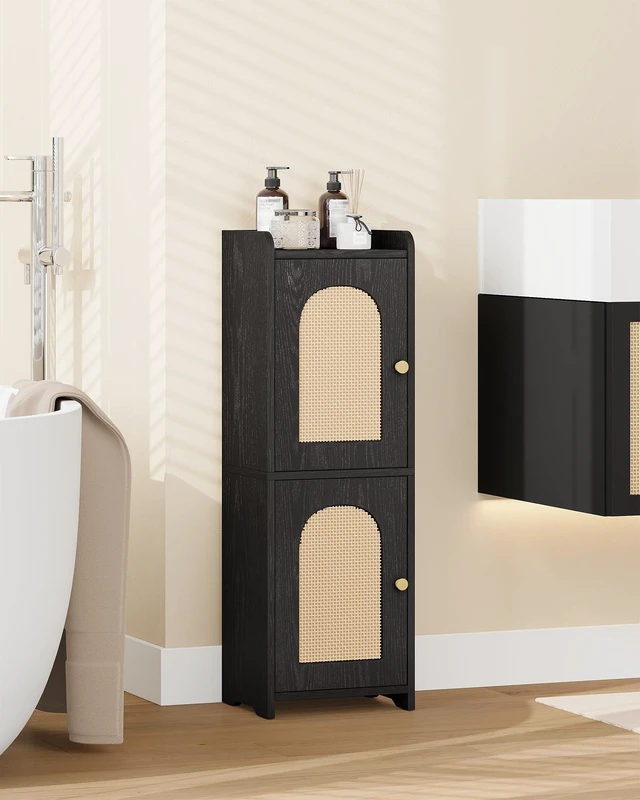 Alt view image 5 of 6 - Bathroom Storage Cabinet, Small Corner Floor Cabinet with 2 Doors | Narrow Toilet Paper Cabinets with Adjustable Shelf, Bathroom Organizer for Small Spaces, 7.9"D x 9.8"W x 29.5"H Rattan Black