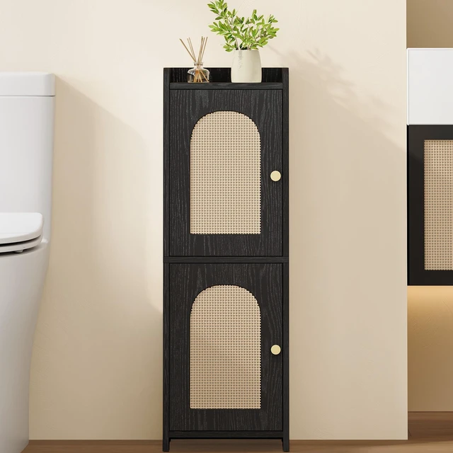 Alt view image 2 of 6 - Bathroom Storage Cabinet, Small Corner Floor Cabinet with 2 Doors | Narrow Toilet Paper Cabinets with Adjustable Shelf, Bathroom Organizer for Small Spaces, 7.9"D x 9.8"W x 29.5"H Rattan Black