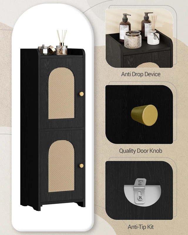 Alt view image 6 of 6 - Bathroom Storage Cabinet, Small Corner Floor Cabinet with 2 Doors | Narrow Toilet Paper Cabinets with Adjustable Shelf, Bathroom Organizer for Small Spaces, 7.9"D x 9.8"W x 29.5"H Rattan Black