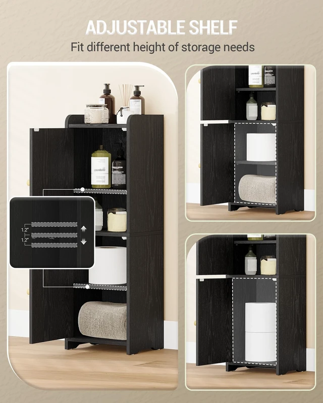 Alt view image 3 of 6 - Bathroom Storage Cabinet, Small Corner Floor Cabinet with 2 Doors | Narrow Toilet Paper Cabinets with Adjustable Shelf, Bathroom Organizer for Small Spaces, 7.9"D x 9.8"W x 29.5"H Rattan Black