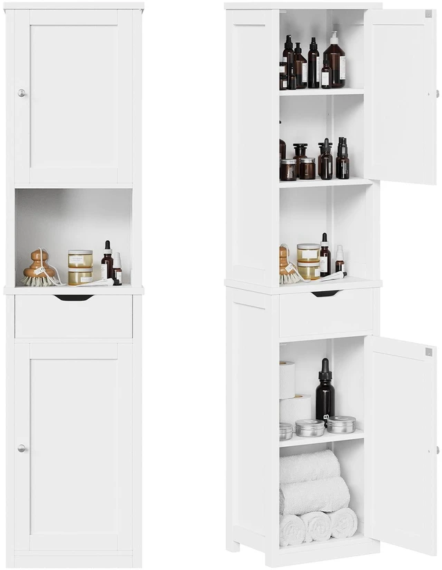 Main image of Tall Bathroom Storage Cabinet, Narrow Slim Cabinet, White | 64inch Corner Floor Cabinet with Doors and Drawer, Freestanding Bathroom Organizer with Adjustable Shelves for Small Space