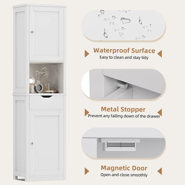 Alt view image 2 of 4 - Tall Bathroom Storage Cabinet, Narrow Slim Cabinet, White | 64inch Corner Floor Cabinet with Doors and Drawer, Freestanding Bathroom Organizer with Adjustable Shelves for Small Space