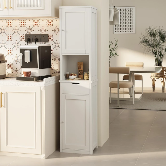 Alt view image 3 of 4 - Tall Bathroom Storage Cabinet, Narrow Slim Cabinet, White | 64inch Corner Floor Cabinet with Doors and Drawer, Freestanding Bathroom Organizer with Adjustable Shelves for Small Space