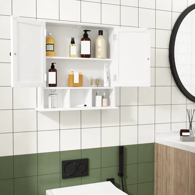 Alt view image 2 of 7 - Bathroom Cabinet Wall Mounted 2-Door with 3 Open Shelves, Wooden Medicine Cabinets with Adjustable Shelf, Space Saver Storage Cabinets Over The Toilet for Bathroom&Living Room, White