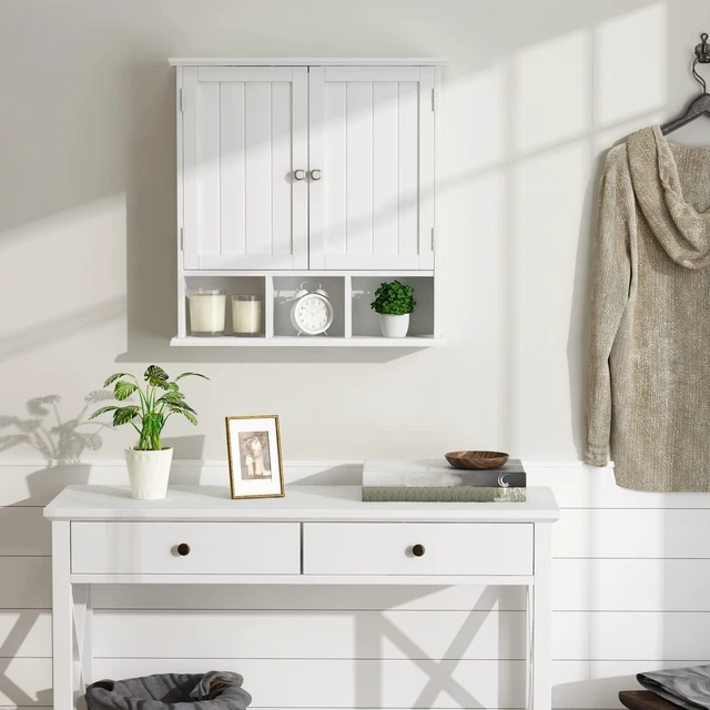 Alt view image 3 of 7 - Bathroom Cabinet Wall Mounted 2-Door with 3 Open Shelves, Wooden Medicine Cabinets with Adjustable Shelf, Space Saver Storage Cabinets Over The Toilet for Bathroom&Living Room, White