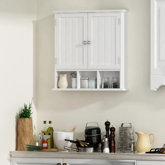 Alt view image 5 of 7 - Bathroom Cabinet Wall Mounted 2-Door with 3 Open Shelves, Wooden Medicine Cabinets with Adjustable Shelf, Space Saver Storage Cabinets Over The Toilet for Bathroom&Living Room, White