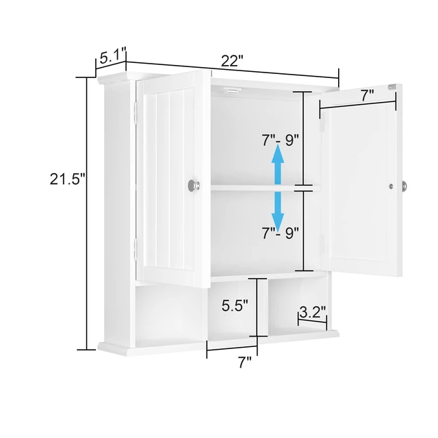 Alt view image 7 of 7 - Bathroom Cabinet Wall Mounted 2-Door with 3 Open Shelves, Wooden Medicine Cabinets with Adjustable Shelf, Space Saver Storage Cabinets Over The Toilet for Bathroom&Living Room, White