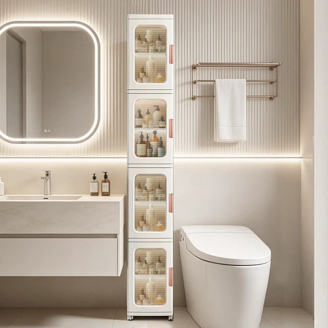 Main image of 4 Tier Tall Narrow Bathroom Storage Cabinet, Foldable and Movable, White | Slim Cabinet, ABS and PP, Adjustable Shelves, Magnetic Clear Door, Lockable Wheels, Water Resistant, For Narrow Space