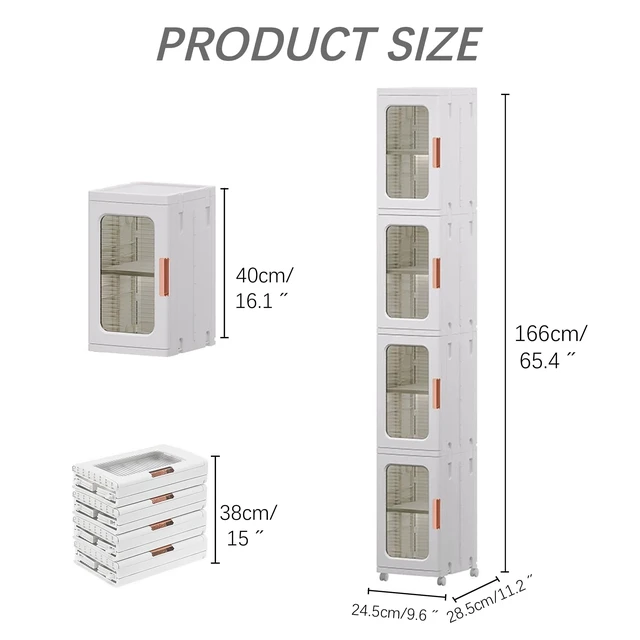 Alt view image 2 of 7 - 4 Tier Tall Narrow Bathroom Storage Cabinet, Foldable and Movable, White | Slim Cabinet, ABS and PP, Adjustable Shelves, Magnetic Clear Door, Lockable Wheels, Water Resistant, For Narrow Space