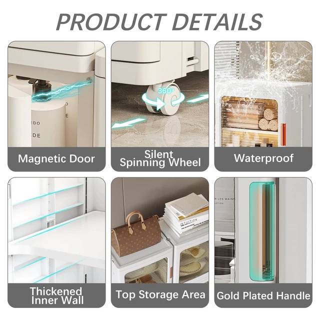 Alt view image 3 of 7 - 4 Tier Tall Narrow Bathroom Storage Cabinet, Foldable and Movable, White | Slim Cabinet, ABS and PP, Adjustable Shelves, Magnetic Clear Door, Lockable Wheels, Water Resistant, For Narrow Space