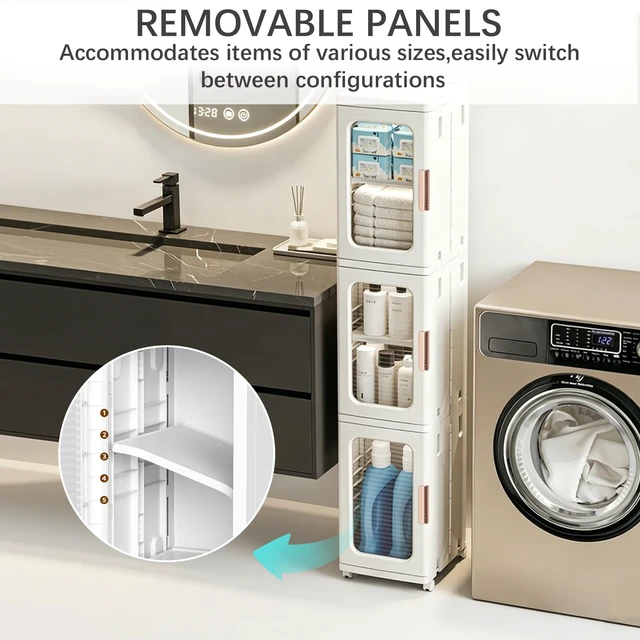 Alt view image 4 of 7 - 4 Tier Tall Narrow Bathroom Storage Cabinet, Foldable and Movable, White | Slim Cabinet, ABS and PP, Adjustable Shelves, Magnetic Clear Door, Lockable Wheels, Water Resistant, For Narrow Space