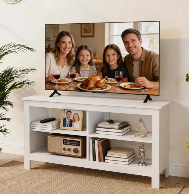 Alt view image 3 of 7 - 43 Inches TV Stand,Mid Century Modern Entertainment Center with 4 Open Shelves Farmhouse TV Media Console Table for Living Room,Bedroom,Television Stand up to 50 Inches(White)
