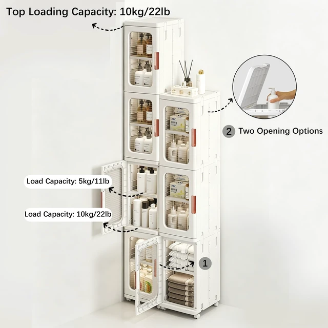 Alt view image 5 of 7 - 4 Tier Tall Narrow Bathroom Storage Cabinet, Foldable and Movable, White | Slim Cabinet, ABS and PP, Adjustable Shelves, Magnetic Clear Door, Lockable Wheels, Water Resistant, For Narrow Space