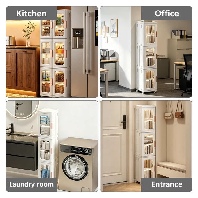 Alt view image 6 of 7 - 4 Tier Tall Narrow Bathroom Storage Cabinet, Foldable and Movable, White | Slim Cabinet, ABS and PP, Adjustable Shelves, Magnetic Clear Door, Lockable Wheels, Water Resistant, For Narrow Space
