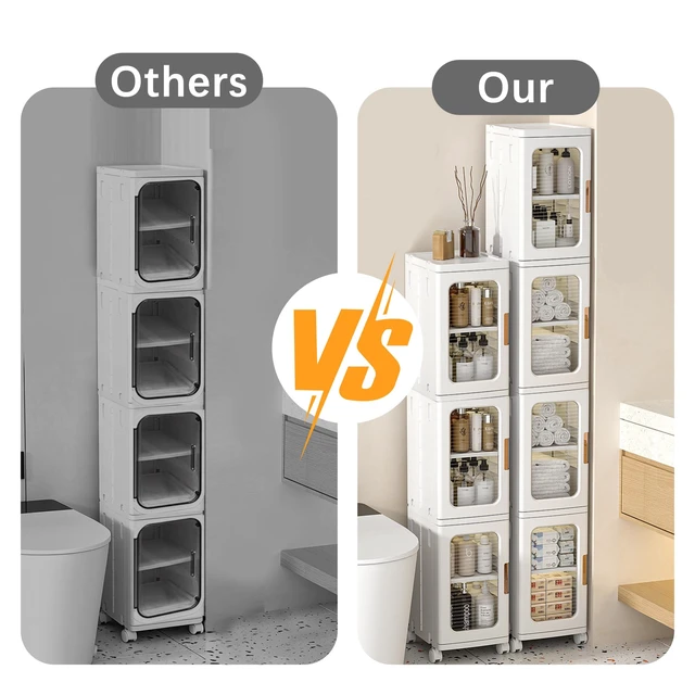 Alt view image 7 of 7 - 4 Tier Tall Narrow Bathroom Storage Cabinet, Foldable and Movable, White | Slim Cabinet, ABS and PP, Adjustable Shelves, Magnetic Clear Door, Lockable Wheels, Water Resistant, For Narrow Space
