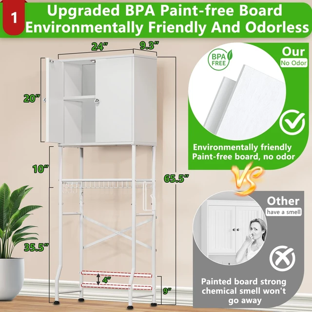 Alt view image 2 of 7 - Over The Toilet Storage Cabinet - 2-Door Design Bathroom Organizers Shelf, Freestanding Space-Saver Above Toilet Storage Cabinet with Privacy Protection Rack, Water-Resistant Toilet Shelves (White)