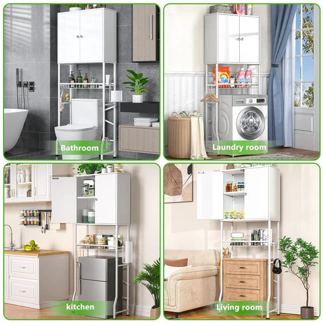 Alt view image 5 of 7 - Over The Toilet Storage Cabinet - 2-Door Design Bathroom Organizers Shelf, Freestanding Space-Saver Above Toilet Storage Cabinet with Privacy Protection Rack, Water-Resistant Toilet Shelves (White)