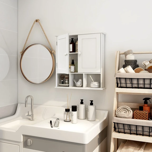 Alt view image 2 of 7 - White Bathroom Wall Cabinet with 2 Door Adjustable Shelves | Over The Toilet Storage White Wall Mounted Medicine Cabinets for Bathroom Laundry Room Kitchen