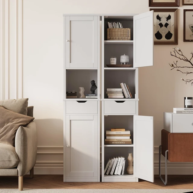 Alt view image 4 of 4 - Tall Bathroom Storage Cabinet, Narrow Slim Cabinet, White | 64inch Corner Floor Cabinet with Doors and Drawer, Freestanding Bathroom Organizer with Adjustable Shelves for Small Space