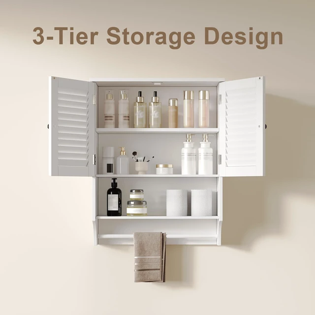 Alt view image 4 of 7 - Bathroom Wall Cabinet with Towel Bar and Ample Storage | 7.87"D x 23.62"W x 27.56"H MDF Medicine Cabinet, Over The Toilet Space Saver Storage Cabinet with Adjustable Shelf, White